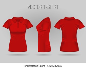 Blank women's red short sleeve polo shirt in front, back and side views. Vector illustration. Isolated on white background. Realistic female t-shirts
