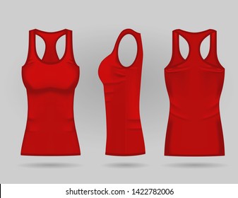 Blank women's red tank top in front, back and side views. Vector illustration. Isolated on white background. Realistic female sport shirts