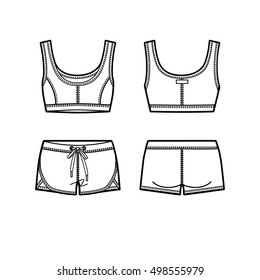 Blank women's sports suit in front and back views. Vector illustration. Isolated on white.