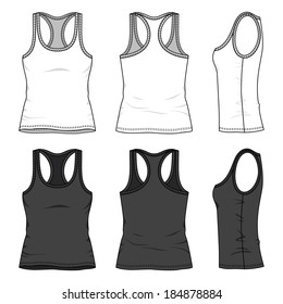 Blank women's tank top in front, back and side views. Vector illustration. Isolated on white.