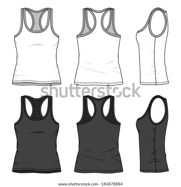 Blank women\'s tank top\
in front, back and side views. Vector illustration. Isolated on\
white.