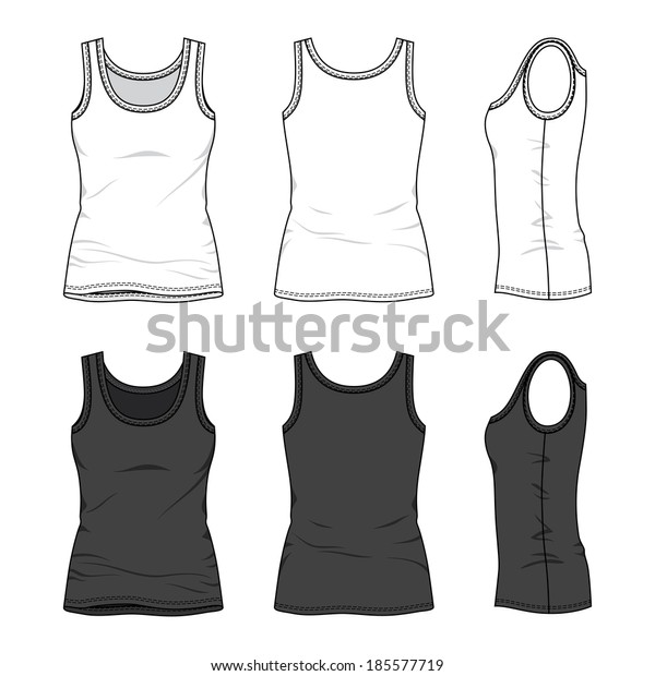 Blank women\'s tank top\
in front, back and side views. Vector illustration. Isolated on\
white.