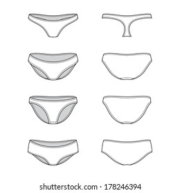 Blank women's underpants set in front, back and side views. Vector illustration. Isolated on white.