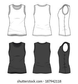 Blank women's vest in front, back and side views. Vector illustration. Isolated on white.