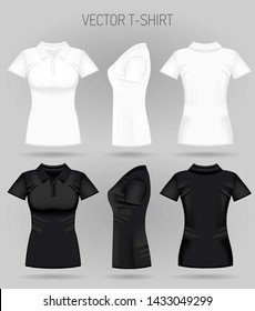 Blank women's white and black short sleeve polo shirt in front, back and side views. Vector illustration. Realistic female t-shirts