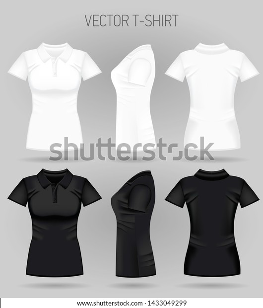 白と黒の短い袖のポロシャツを 前 後 側面から見た空白の女性用 ベクターイラスト 写実的な女性tシャツ のベクター画像素材 ロイヤリティフリー 1433049299