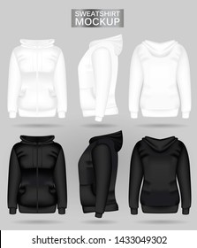 Blank women's white and black sweatshirt hoodie in front, back and side views. Vector illustration. Realistic female clothes for sport and urban style