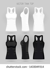 Blank women's white and black tank top in front, back and side views. Vector illustration. Realistic female sport shirts