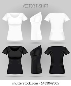 Blank women's white and black t-shirt in front, back and side views. Vector illustration. Realistic female sport shirts