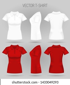 Blank women's white and red short sleeve polo shirt in front, back and side views. Vector illustration. Realistic female t-shirts