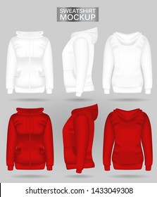 Blank women's white and red sweatshirt hoodie in front, back and side views. Vector illustration. Realistic female clothes for sport and urban style