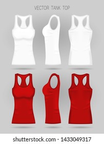 Blank women's white and red tank top in front, back and side views. Vector illustration. Realistic female sport shirts