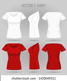 Blank women's white and red t-shirt in front, back and side views. Vector illustration. Realistic female sport shirts