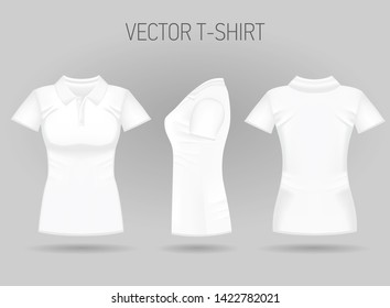 Blank women's white short sleeve polo shirt in front, back and side views. Vector illustration. Isolated on white background. Realistic female t-shirts