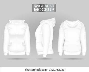 Blank women's white sweatshirt hoodie in front, back and side views. Vector illustration. Isolated on white background. Realistic female clothes for sport and urban style
