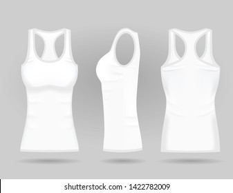 Blank women's white tank top in front, back and side views. Vector illustration. Isolated on white background. Realistic female sport shirts