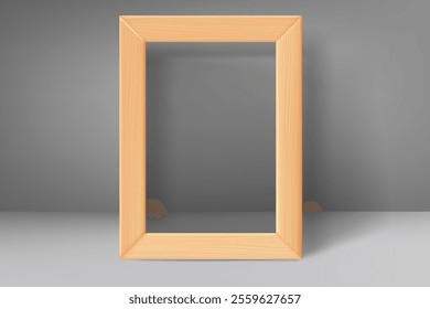 Blank wood frame with in grey interior. 3d vector mockup