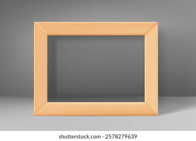 Blank wood frame with in grey interior. 3d vector mockup