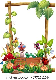 Blank wood frame template with animal garden set isolated illustration