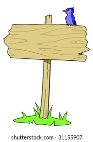 A blank wood sign with a bird perched on top.