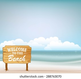 blank wood as welcome sign and beach background