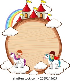 Blank wooden banner with fairy tale cartoon character and elements isolated illustration