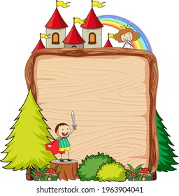 Blank wooden banner with fantasy cartoon character isolated illustration