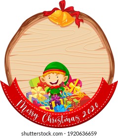 Blank wooden banner with merry Christmas 2020 font and cute elf illustration