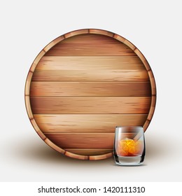 Blank Wooden Barrel With Glass Of Whiskey Vector. Colorful Design Brown Barrel And Cup With Old Delicious Alcoholic Bronze Drink, Ice And Bubbles. Front View Realistic 3d Illustration