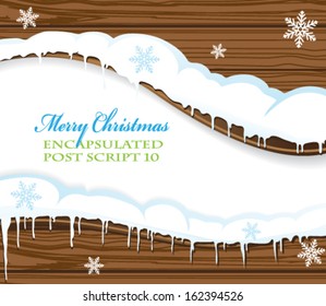 Blank wooden billboard covered with snow. Abstract winter background