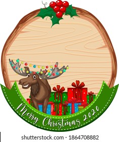 Blank wooden board with Merry Christmas 2020 font logo and reindeer  illustration