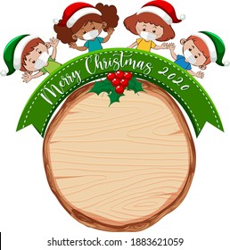 Blank wooden board with Merry Christmas 2020 font logo and children wear mask illustration