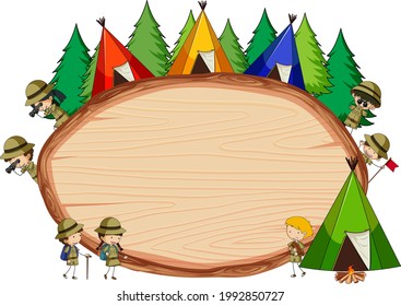 Blank wooden board in oval shape with kids doodle cartoon character illustration