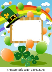 Blank wooden board sign outdoor with Saint Patricks hat on top, rainbow, balloons and shamrocks for happy St. Patricks or Saint Patrick s Day invitation