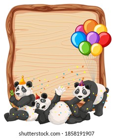 Blank wooden board template with pandas in party theme isolated illustration