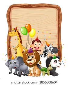 Blank wooden board template with wild animal in party theme isolated illustration