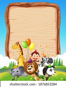 Blank wooden board template with wild animals in party theme on forest background illustration