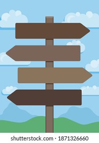 Blank wooden direction signs with landscape in background. Vector illustration.