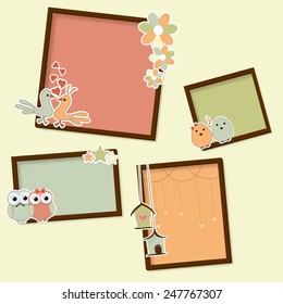 Blank wooden frame decorated by cute couple of eggs, love birds, hanging huts and colorful flowers for Happy Valentines Day celebration.