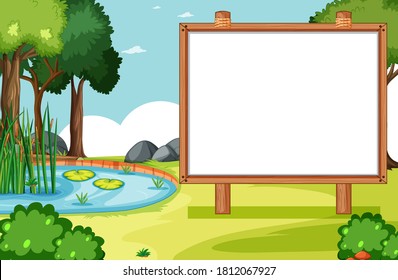 Blank wooden frame in nature park scene with swamp side illustration