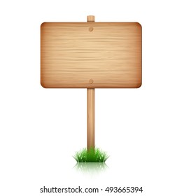 Blank wooden pointer, sign board with grass