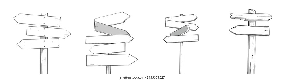 Blank Wooden Road Signs, there are 2, 3, 4, and 5 road directions. Editable vector