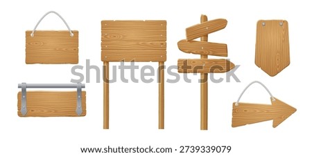 Blank wooden sign boards in shape of arrow and rectangle. Set of rustic hanging panels and signboards on post. Direction pointers and banners with wood texture, vector illustration