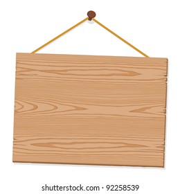 Blank wooden sign hanging from a nail by string on white with copy space, texture and woodgrain, vector illustration