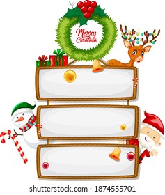 Blank wooden sign with Merry Christmas font logo with christmas cartoon character on white background illustration