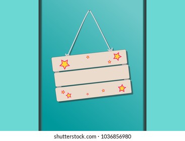 Blank wooden sign with painted stars hanged on blue wall, vector image for text