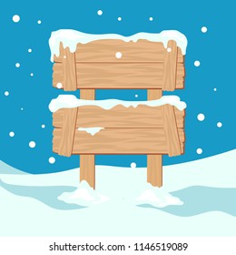 Blank wooden sign with snow on blue sky background. Winter vector illustration