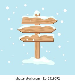 Blank wooden sign with snow on blue sky background. Winter vector illustration