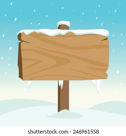 Blank Wooden Sign In The Snow. Vector Illustration