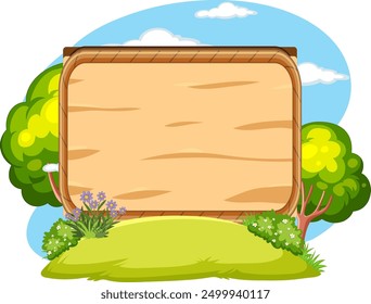 Blank wooden sign with trees and flowers